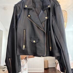 BlankNYC Classic Black Leather Moto Jacket with Gold Hardware